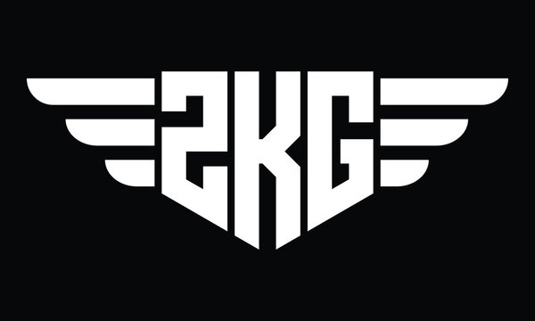 ZKG three letter logo, creative wings shape logo design vector template. letter mark, word mark, monogram symbol on black & white.	