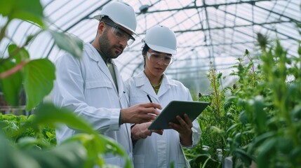 Industrial Greenhouse Two Agricultural Engineers Test Plants Health and Analyze Data with Tablet Computer.