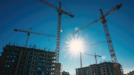 Large construction site including several cranes working on a building complex, with clear blue sky and the sun