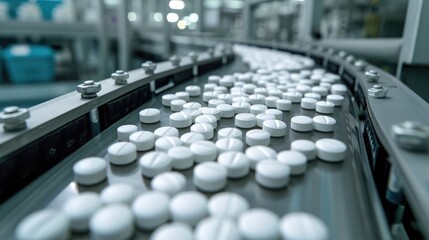 Tablets and Capsules Manufacturing Process. Close-up Shot of Medical Drug Production Line.