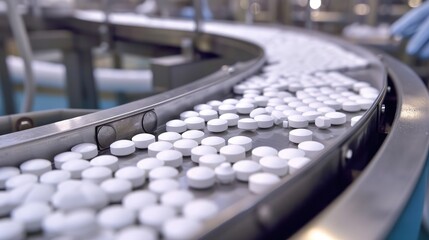 Obraz premium Tablets and Capsules Manufacturing Process. Close-up Shot of Medical Drug Production Line.