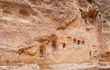 Pagan Nabataean altars carved into wall of Al Siq gorge in the Nabatean Kingdom of Petra in the...
