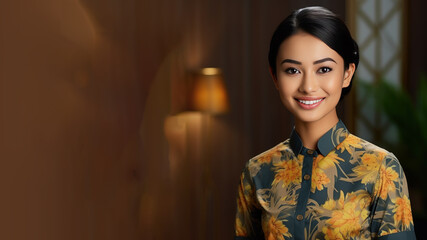 Malay woman in batik dress smiling isolated on pastel background