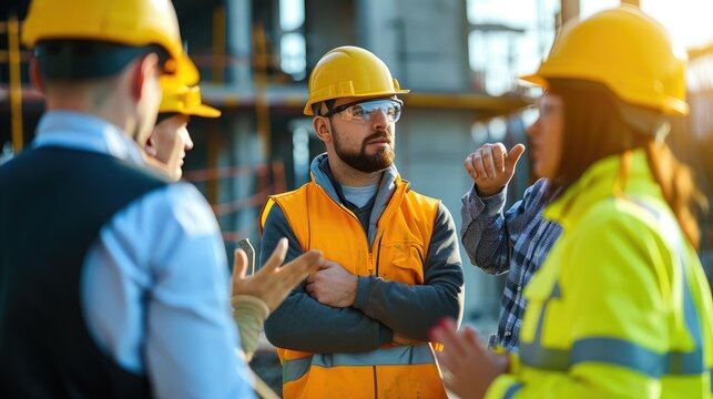 team of construction engineers talks to managers and construction workers at the construction site.