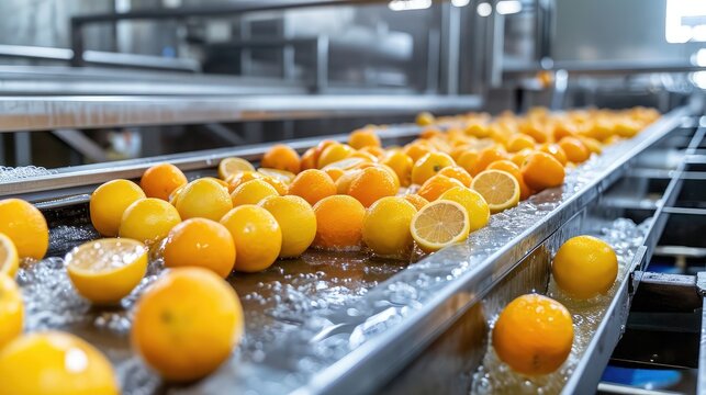 The process of washing and cleaning of citrus fruits in a modern production line