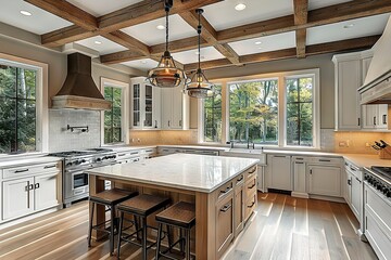 Obraz premium Luxury Culinary Haven Traditional Kitchen in a Beautiful New Home with Hardwood Floors, Wood Beams, and Large Quartz Island Counters. created with Generative AI