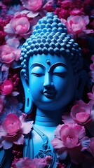 Blue Buddha statue with pink flowers