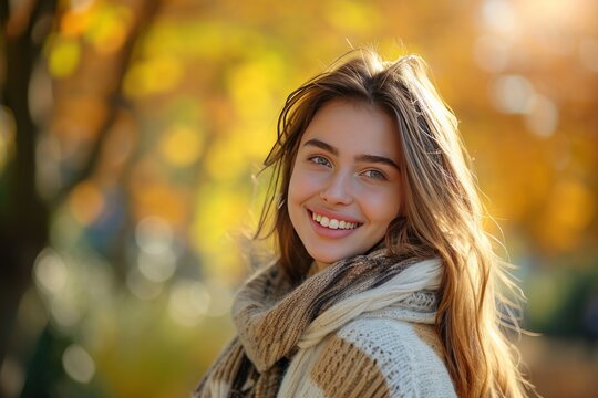 One beautiful woman smiling outdoors looking. Ai generative