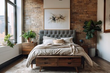 Rustic Elegance Wooden Drawer Nightstand Near Bed with Grey Fabric Headboard - Loft Interior Design in a Modern Bedroom with Brown Brick Wall. created with Generative AI