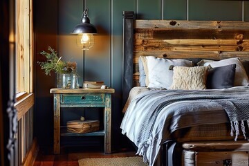 Timeless Charm Vintage Bedside Cabinet Near Barn Wooden Planks Headboard - Industrial Loft Interior Design in a Modern Bedroom with Teal Paneling Wall. created with Generative AI