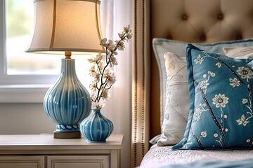 French Elegance Close-Up of Blue Ceramic Lamp on Nightstand - Provence Interior Design in a Modern Bedroom with Beige Fabric Headboard and Blue Pillows. created with Generative AI