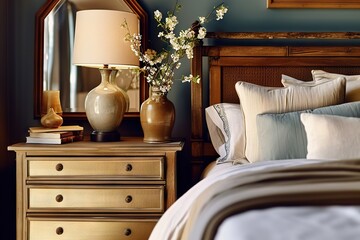 Rustic Retreat: Vintage Bedside Nightstand Near Wooden Bed - Farmhouse, Country, Provence Interior Design in a Modern Bedroom