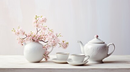 Fototapeta na wymiar a teapot and cup arrangement against a spotless white backdrop, enhancing the aesthetic appeal and elegance of this timeless scene.