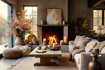 Fireside Comfort Sofa and Daybed Sofa by Fireplace - Scandinavian Farmhouse Rustic Home Interior Design in a Modern Living Room. created with Generative AI