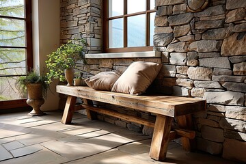 Farmhouse Serenity Wooden Rustic Bench Near Wild Stone Cladding Wall Against Window - Modern Home Entryway Interior Design. created with Generative AI
