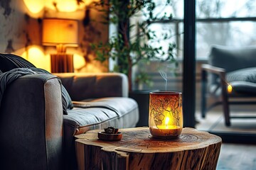 Fototapeta na wymiar Urban Tranquility Grunge Glass Jar Candle on Live Edge Coffee Table in Minimalist Loft Living Room with Grey Sofa Illuminated by Warm Glow. created with Generative AI