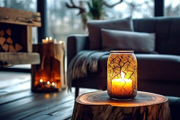Urban Tranquility Grunge Glass Jar Candle on Live Edge Coffee Table in Minimalist Loft Living Room with Grey Sofa Illuminated by Warm Glow. created with Generative AI