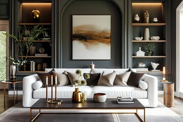 Contrast Elegance White Sofa Against a Black Wall with Built-In Shelves in the Art Deco Modern Living Room Interior Design. created with Generative AI