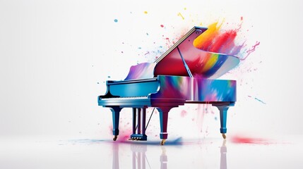a vibrant and isolated piano against a pristine white backdrop.