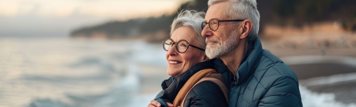 Portrait of elderly couple on the beach , Banner