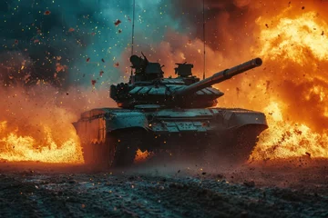 Fotobehang An armored tank firing during combat over a battlefield. Generative Ai. © Planum