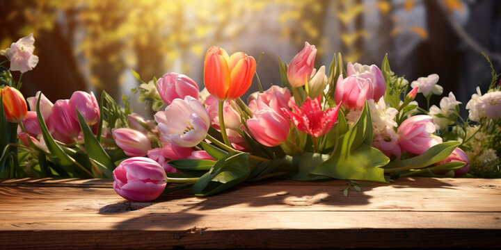 Colourful tulips spring in the wooden table with sun shine blurry background