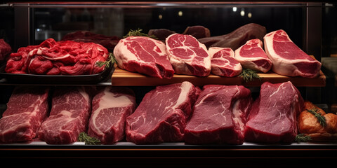 Meats in a store display with one being a meat in a butcher shop with lights and black background