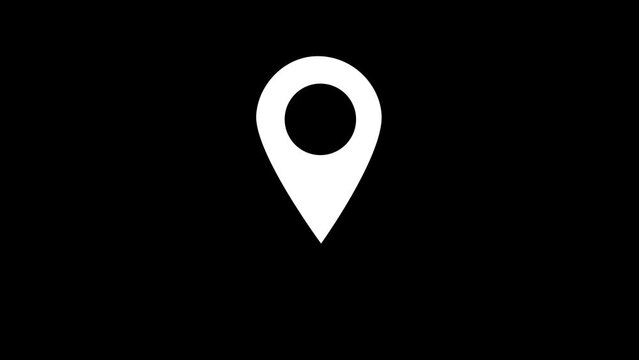 Looping animation of white map location pin bouncing on black background. Pin symbol Indicates the location of the GPS map.