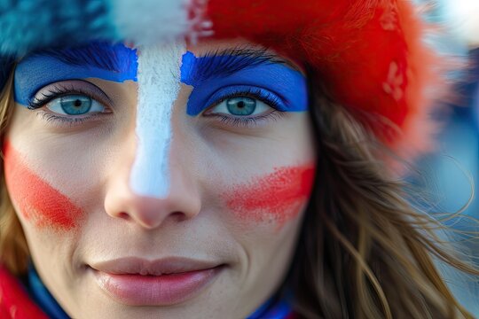 woman watching the 2024 olympic summer games wearing makeup in the color of the french flag