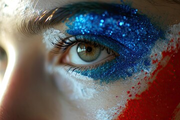 woman watching the 2024 olympic summer games wearing makeup in the color of the french flag