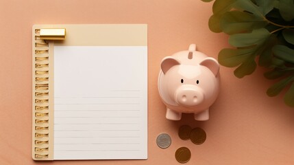 Pink Piggy Bank and Calculator on Wooden Background with Open Copybook and Green Plant - Overhead View Photo for Finance and Planning Concepts