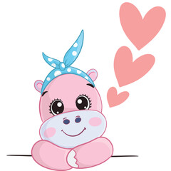 Obraz na płótnie Canvas Cute Cartoon Hippo girl with pink love on a white isolation background