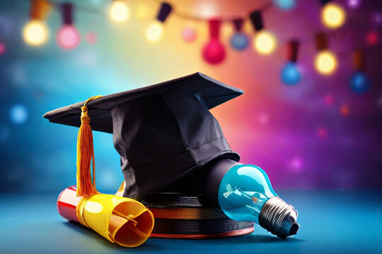 Embark on a bright future Illustrate success with a graduation cap on a light bulb against vibrant hues. Ideal for graduation, education, and career-themed projects.