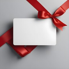 Happy Valentine's Day Blank white gift card with red ribbon bow isolated on grey background with shadow minimal conceptual 3D rendering