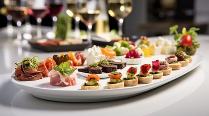 a visually striking display of gourmet appetizers, artfully arranged on a white platter, capturing the essence of fine dining.