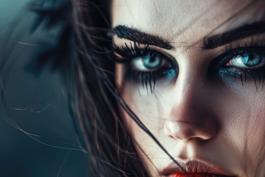 closeup of a womans face with a gothic style makeup