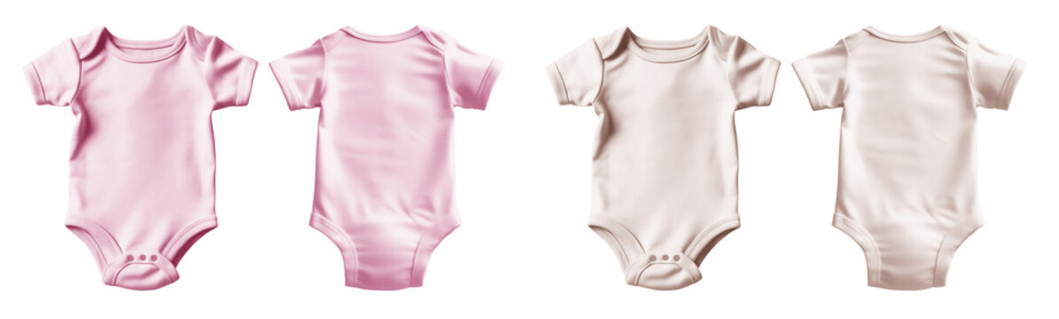 2 Set of pastel light pink beige, infant baby Bodysuit romper playsuit jumpsuit creepers, front back view on transparent background cutout, PNG file. Mockup template for artwork graphic design