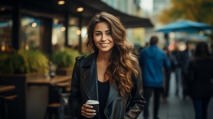 Happy modern middle aged business woman near office building in black jacket casual cheerful smiling city urban lifestyle smart woman in town