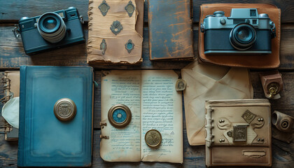 Antique traveler equipment, handwritten journals and reflex cameras on a wooden desk.