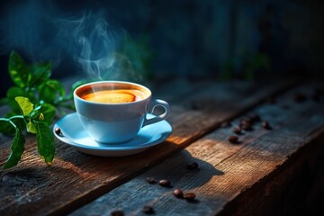 Fototapeta na wymiar Hot coffee steams on wooden table. Ai generative