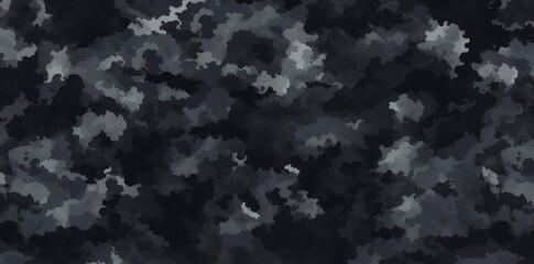 Seamless rough textured military, hunting or paintball camouflage pattern in a dark black and grey night palette - obrazy, fototapety, plakaty
