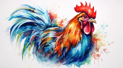 Fotobehang an isolated rooster, its vibrant plumage and regal demeanor making a striking statement against a clean white canvas. © Khan