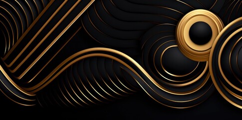 Seamless golden Art Deco wavy stripes and circles pattern.