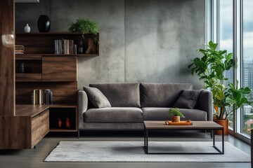 Modern living room interior with gray sofa and plants