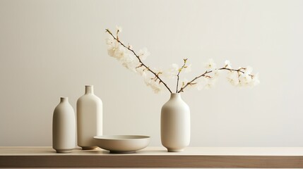 Fototapeta na wymiar Minimalist home decor with neutral tones and elegant vases