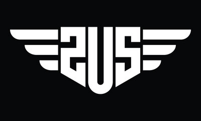 ZUS three letter logo, creative wings shape logo design vector template. letter mark, word mark, monogram symbol on black & white. - obrazy, fototapety, plakaty