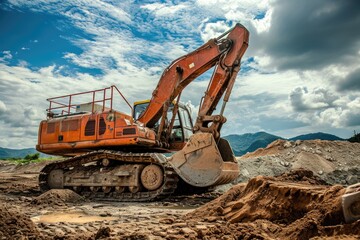 Heavy construction hydraulic equipment during earthmoving works.