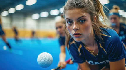 Deurstickers Intense female player tracking the ball in a fast-paced indoor field hockey game. A portrait of concentration and athletic skill in women's sports. © Liana