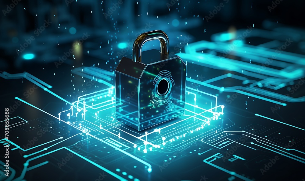 Aufkleber 3d rendering of padlock and futuristic business diagram. generative ai