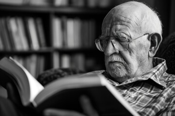 Elderly man reading books.  - obrazy, fototapety, plakaty